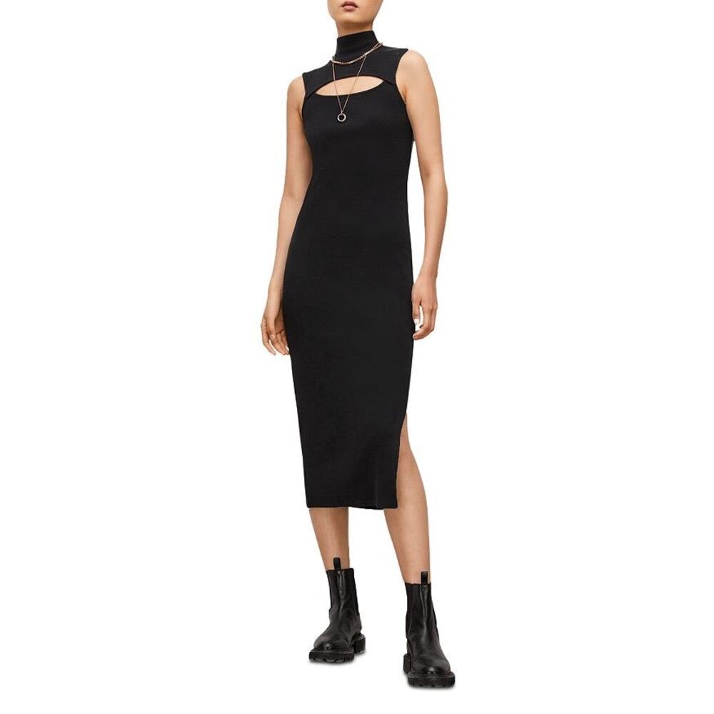 All Saints Kiki Black Sleeveless Cut Out Mock Neck Midi Dress Size 0 NWT
